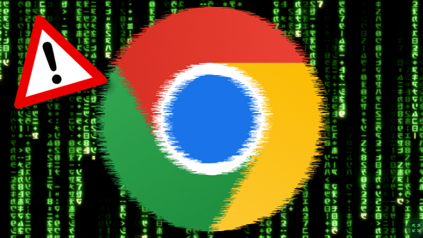 Verzerrtes Chrome-Logo und Achtung-Schild vor Matrix-Zeichenregen-Hintergrund