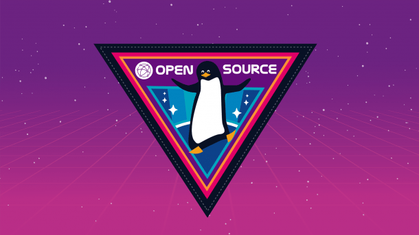 Logo mit Schriftzug Open Source und Pinguin, lila Hintergrund