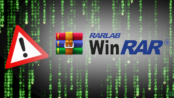Achtung-Schild neben WinRAR-Logo auf Matrix-Regen-Hintergrund