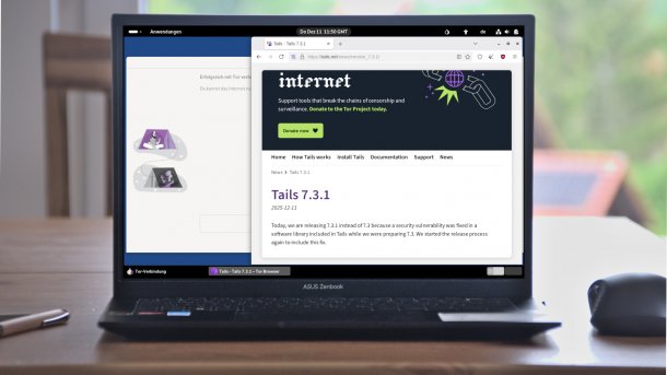 Desktop of Tails 7.3.1 on a notebook