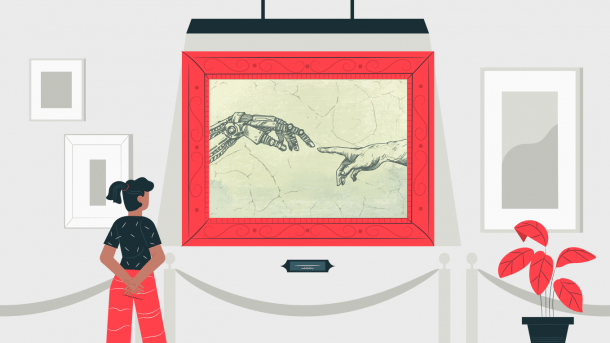 Frau schaut im Museum Gemälde mit Roboterhand und Menschenhand an