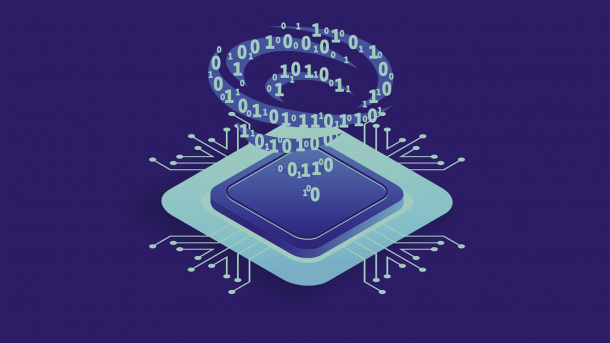 Computerchip mit Wirbelsturm aus 0ern und 1ern, blauer Hintergrund