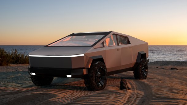 Tesla Cybertruck, dahinter Sonnenuntergang