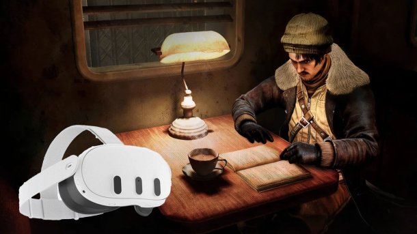 Man reading in a train compartment by lamplight, VR headset next to him – atmospheric header image for new VR games in January 2026.