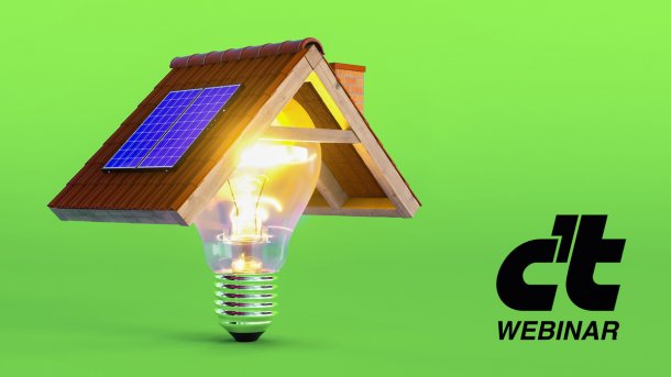 Glühbirne mit einem kleinen Hausdach und Solarpanel als Symbol für Solarenergie, daneben das Logo 'c't webinar