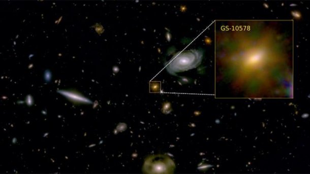 A highlighted orange galaxy among several others