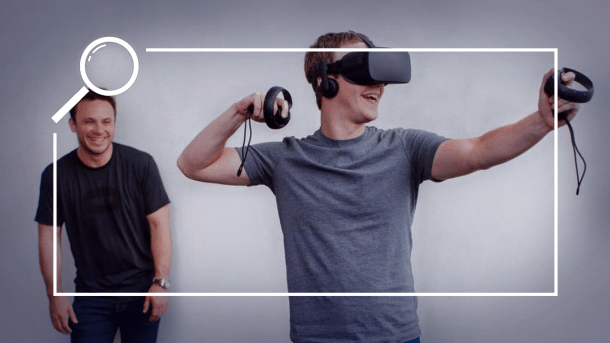 Mark Zuckerberg spielt begeistert mit VR, neben ihm ein lachender Brendan Iribe.