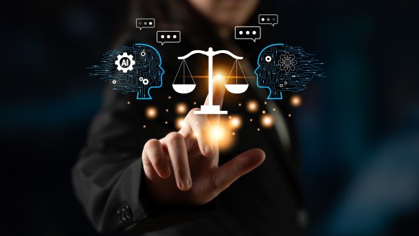 Scales with a finger pointing at them, surrounded by justice symbols.