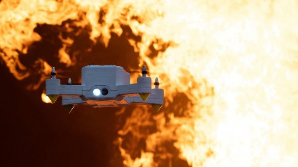 FireDrone flying near a fire.