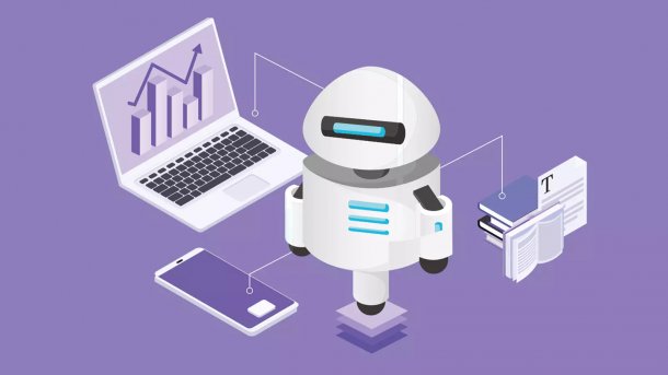 Robots next to a laptop and keyboard, purple background
