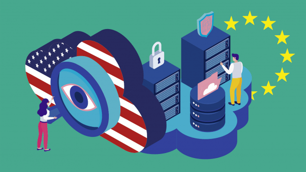 Cloud with US flag, cloud with servers, EU stars in background, magnifying glass, two people, green background