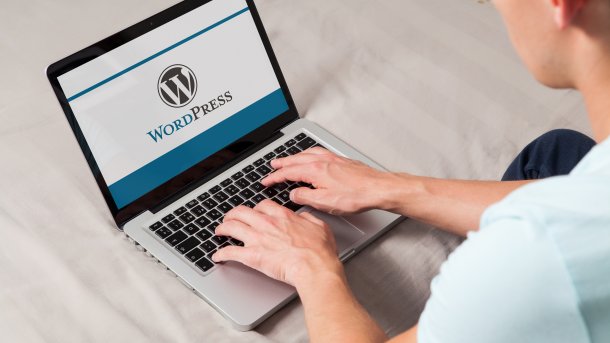 Mann am Notebook mit Wordpress-Logo auf Bildschirm