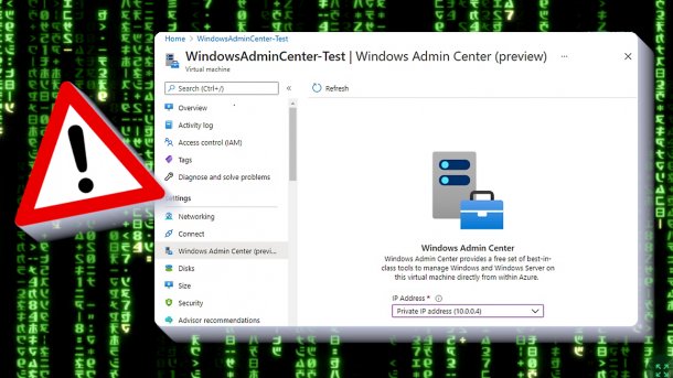 Windows Admin Center against a matrix rain background with a warning sign