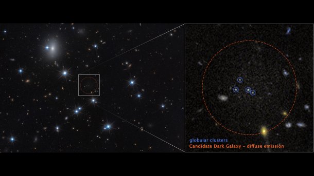 Image full of stars, a dark region with four brighter points is marked