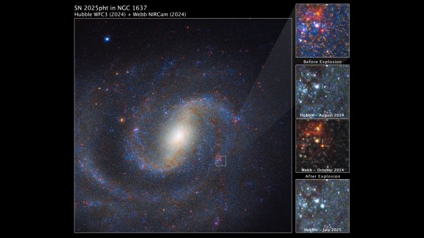 Image of a galaxy, with enlargements showing that the star was visible to Webb but not to Hubble.