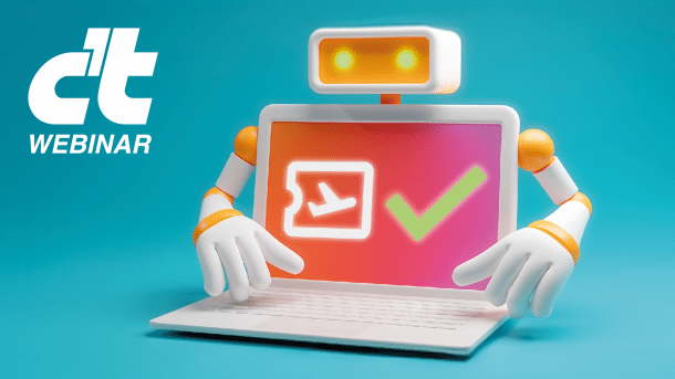 Roboter hält geöffneten Laptop, der ein Flugzeugsymbol und einen grünen Haken zeigt