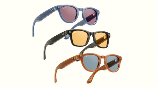 Three different colored Ray-Ban Meta glasses floating against a white background.