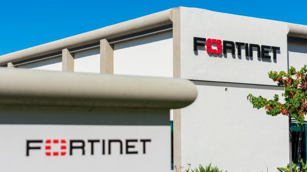 Fortinet sign at cybersecurity company headquarters in Silicon Valley