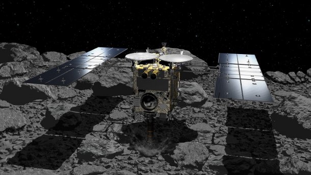 Künstlerische Darstellung der japanischen Sonde Hayabusa2 auf dem Asteroiden Ryugu