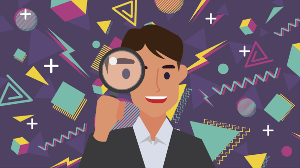 A man with a magnifying glass in front of his face against a pattern of geometric shapes.