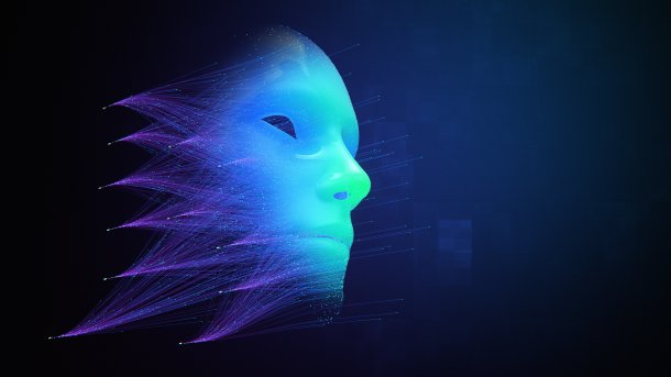 Abstraktes Bild von einer Künstliche Intelligenz. Zu sehen ist eine helle Maske mit verschiedenen Schichten.