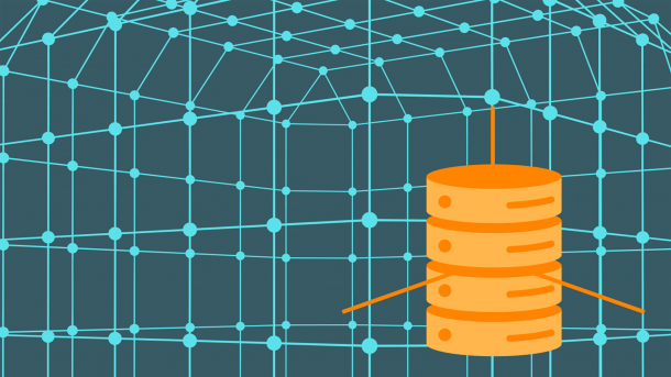 Database icon in front of a network of lines and dots