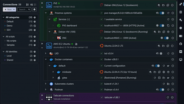 Eine Benutzeroberfläche zur Verwaltung von Serververbindungen, Skripten und Identitäten.