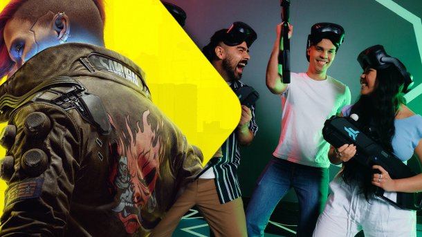 VR gaming meets Cyberpunk 2077: Players with VR headsets and controllers experience an action-packed shooter, while an iconic character appears in the background
