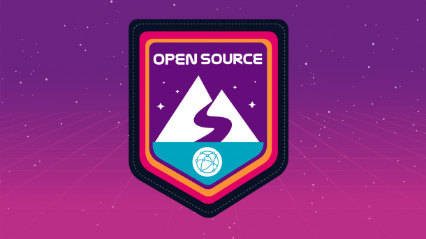 An emblem with the words "Open Source", mountains, a river, and a network symbol on a purple background with stars and a grid.