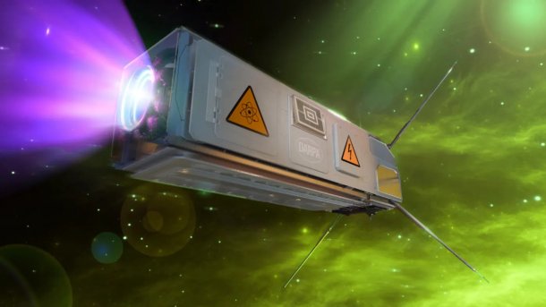 Künstlerische Darstellung eines Raumfahrzeugs, das mithilfe einer Radionuklidbatterie angetrieben wird