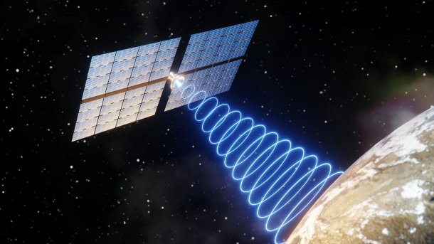 Illustration of a satellite with blue circles pointing to Earth