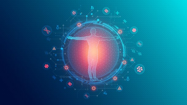 Schematic representation of a person. Symbols around them indicating gene therapy.