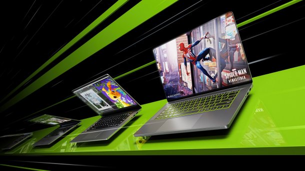Renderbild mehrerer Notebooks vor grün-schwarzem Hintergrund