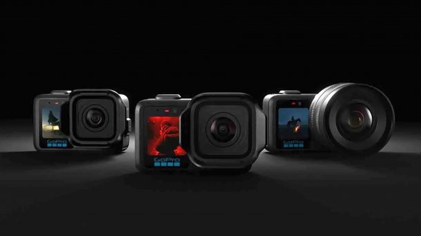 Images of the new Mission 1 cameras from Go Pro against a dark background.