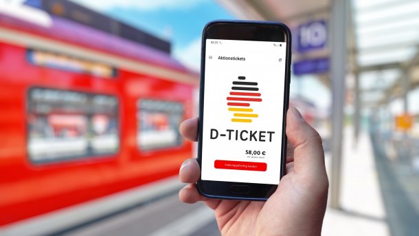 Deutschlandticket auf Smartphone vor Zug