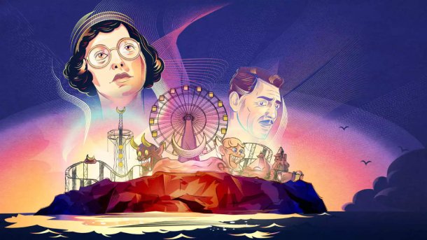 Mysterious island with abandoned amusement park, Ferris wheel and ghostly faces in the sky – atmospheric horror game artwork at sunset.