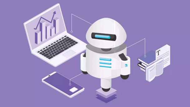 Symbolic image for an AI agent showing a robot between a laptop, smartphone, and books.