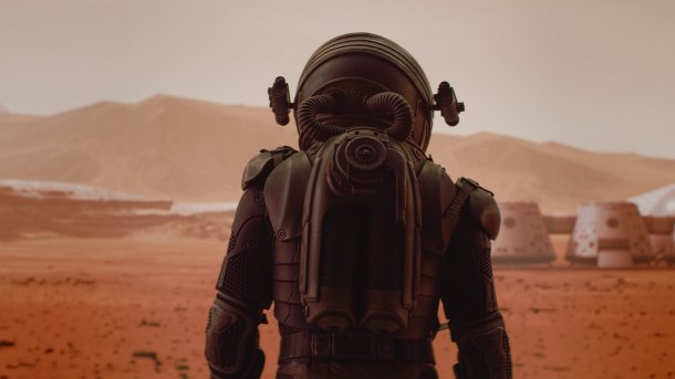 Back,View,Of,Astronaut,Wearing,Space,Suit,Walking,On,A
