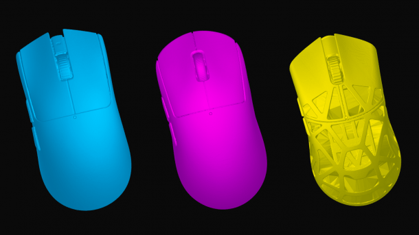 Three colorful 3D models of mice side by side