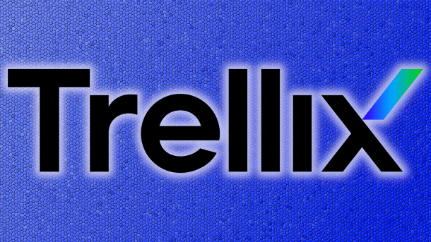 Trellix logo against a blue mosaic background