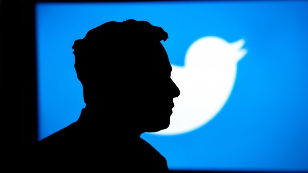 Silhouette von Elon Musk vor dem Twitter-Logo