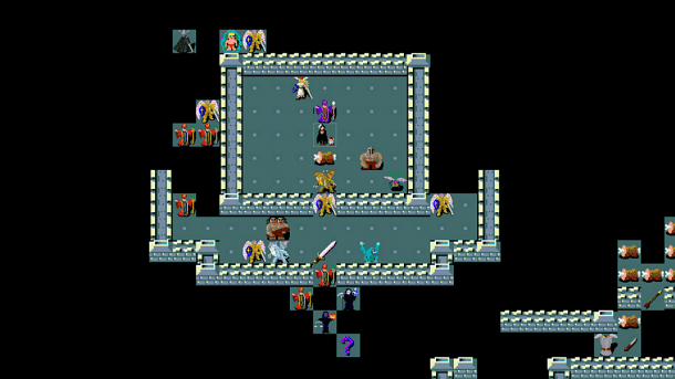A pixelated depiction of a dungeon with numerous characters