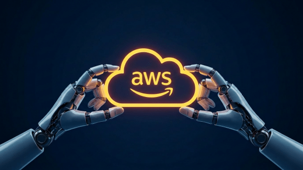 Roboterhände halten ein leuchtendes AWS-Cloud-Logo