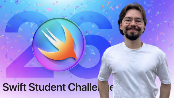 Anton Baranov vor dem Schriftzug der Swift Student Challenge