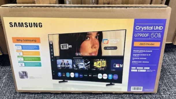 TV-Karton mit dem gut sichtbaren Foto von Dua Lipa