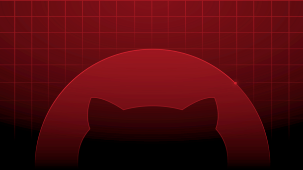 A stylized red cat mask against a red lattice pattern on a black background.