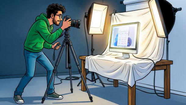 Ein Mann fotografiert einen Computer auf einem Tisch mit Beleuchtung.