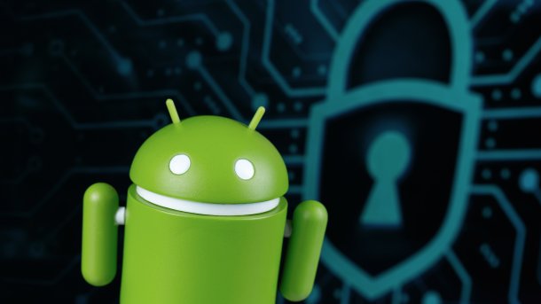 Grüne Android-Figur vor Schloss-Symbol
