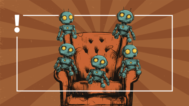 Six small robots are sitting on an orange armchair.