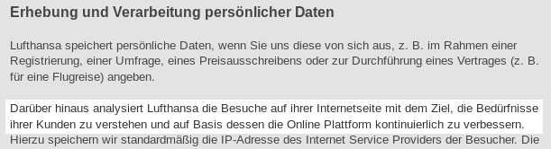Auszug aus den Datenschutzbestimmungen: Anhand der &quot;Bedürfnisse ihrer Kunden&quot; kann Lufthansa ihre Website &quot;optimieren&quot;. Für wen, sagt sie nicht dazu.